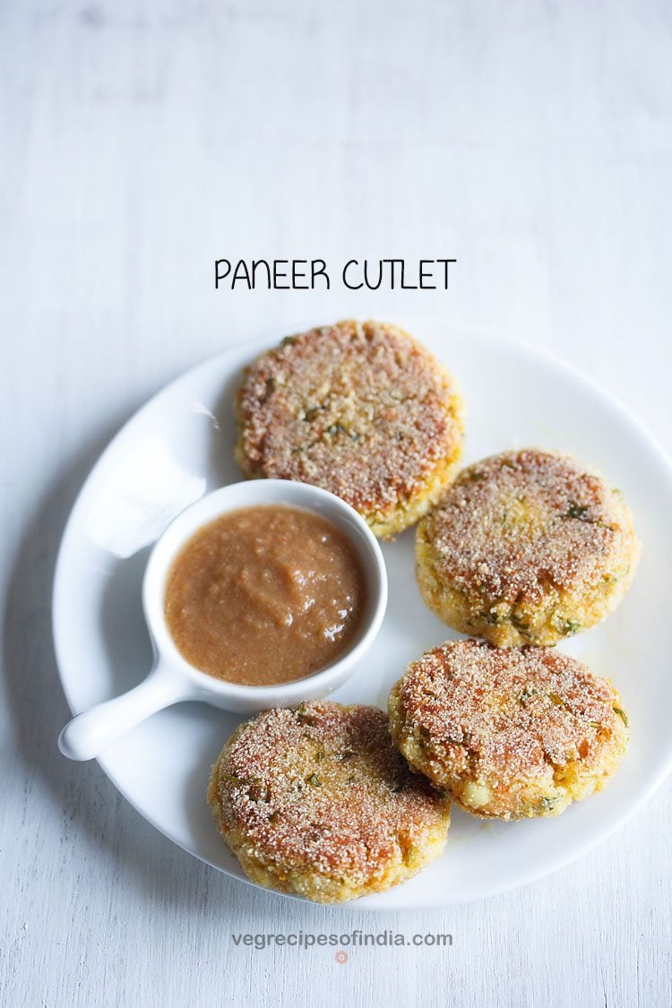 paneer cutlet served on a plate with text layover.