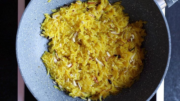 fully cooked zarda pulao in a pan after cooking.