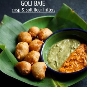 goli baje served on a green plate lined with banana leaf and a bowl of chutneys on the right side and text layovers.