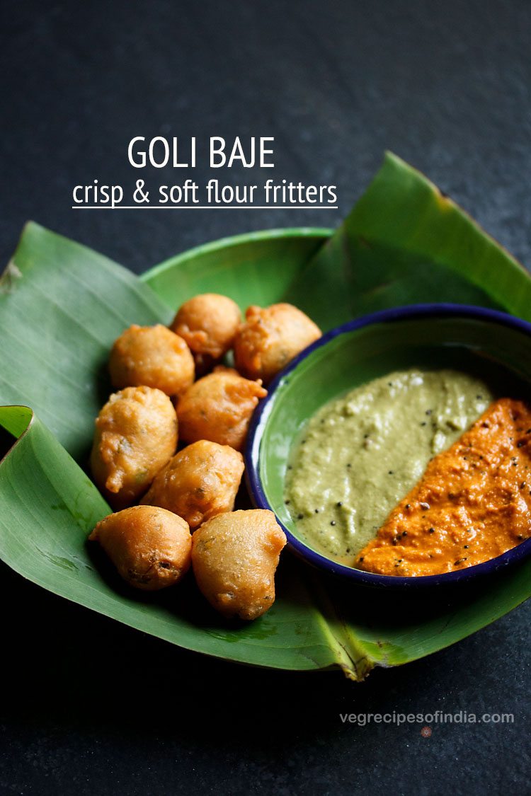 goli baje served on a green plate lined with banana leaf and a bowl of chutneys on the right side and text layovers.