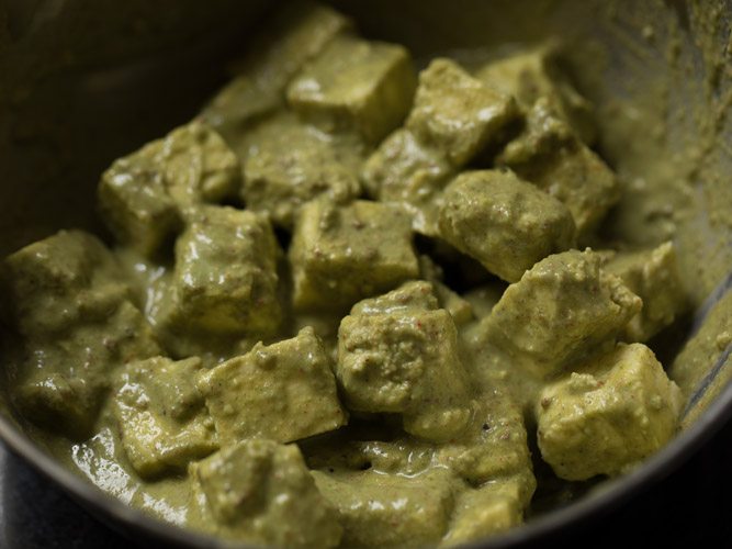 paneer cubes mixed well in the marinade. 
