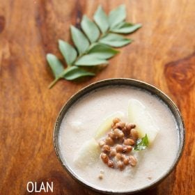 olan served in a ceramic bowl with a sprig of curry leaves kept in the background and text layovers.