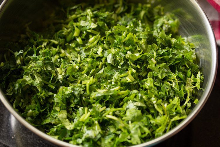 coriander leaves in a pan