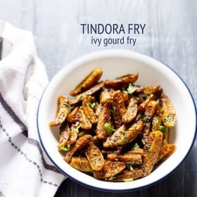 dondakaya fry garnished with coriander leaves and served in a white bowl with text layovers.