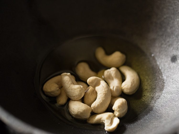 cashews added in hot ghee for poha kheer. 