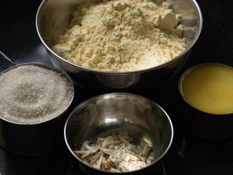 ingredients kept ready for besan barfi recipe. 