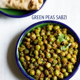 matar ki sabji garnished with a coriander sprig and served in a blue bowl with a plate of chapattis kept on the top left side and text layovers.