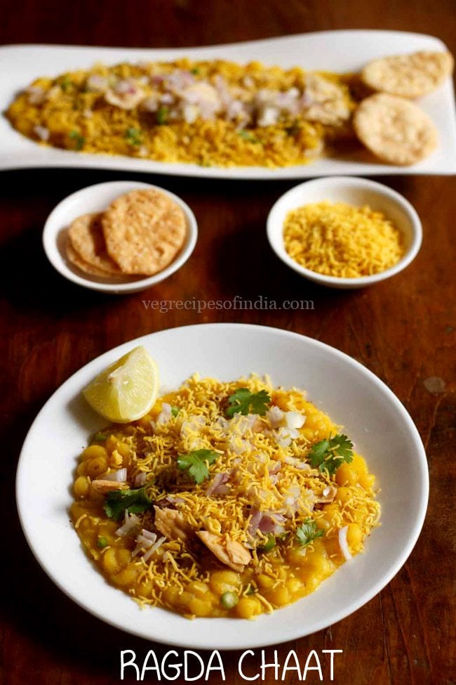 ragda chaat served with a lemon wedge on a white plate with text layovers. 