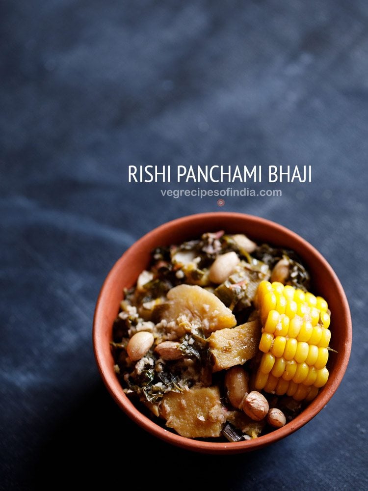 rushichi bhaji served in a ceramic bowl with text layovers.