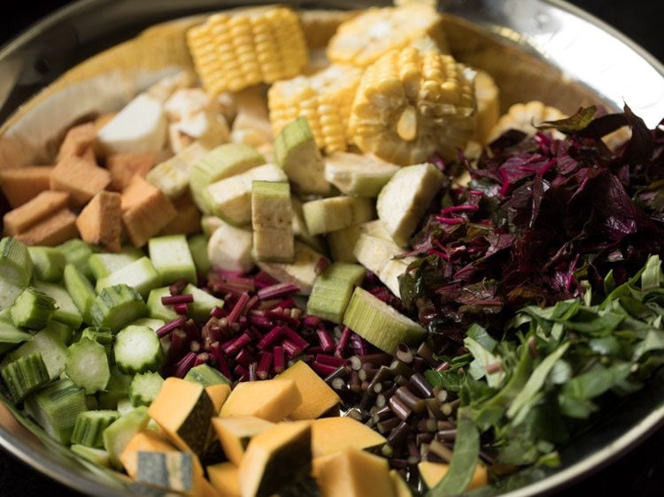 chopped vegetables and leafy greens for rishi panchami bhaji.