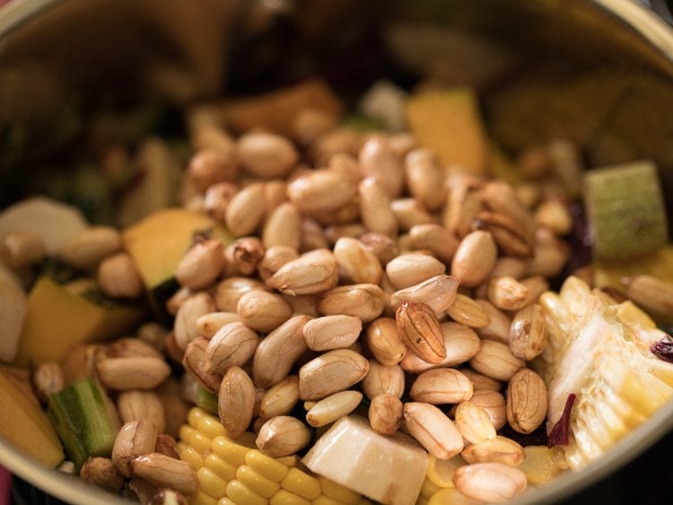 peanuts added to the pan. 