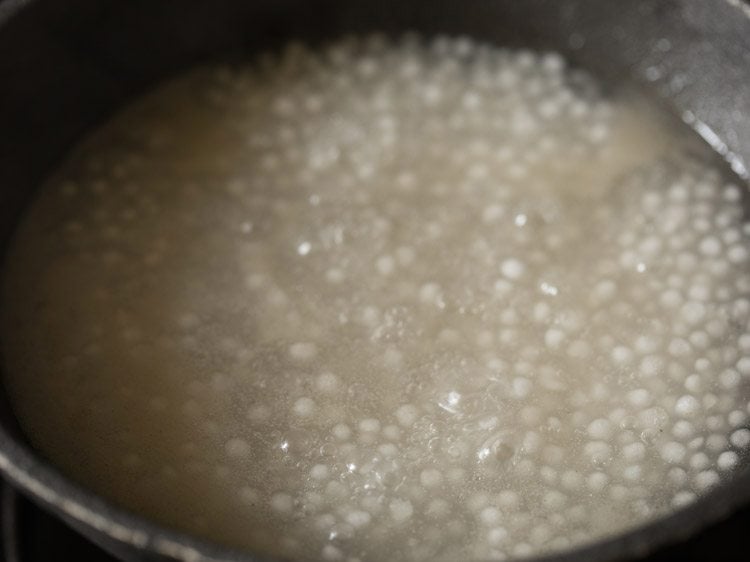 sago pearls beginning to float on the surface