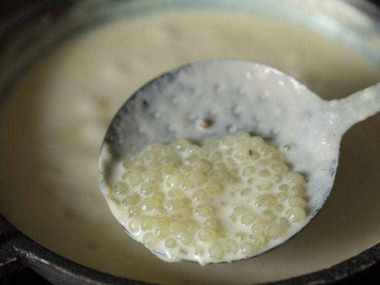 softened and cooked sago pearls in a slotted spoon.