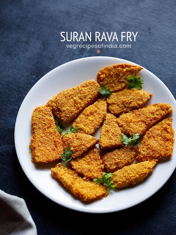 suran fries arranged on a white plate and garnished with coriander leaves on a dark blue board with a text layover