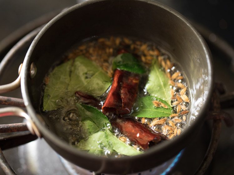 curry leaves and broken and deseeded dried red chili added to the oil. 