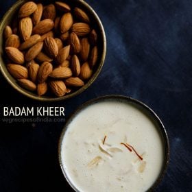 badam kheer served in a bowl with a bowl of almonds kept on the top left side and text layover.