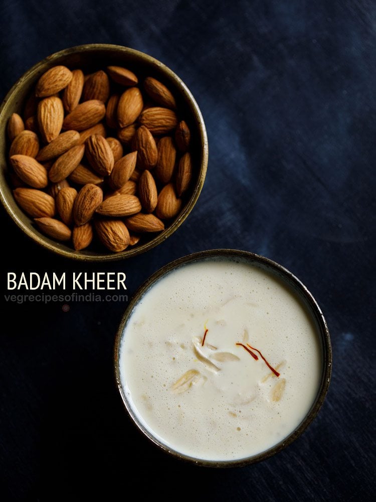 badam kheer served in a bowl with a bowl of almonds kept on the top left side and text layover.
