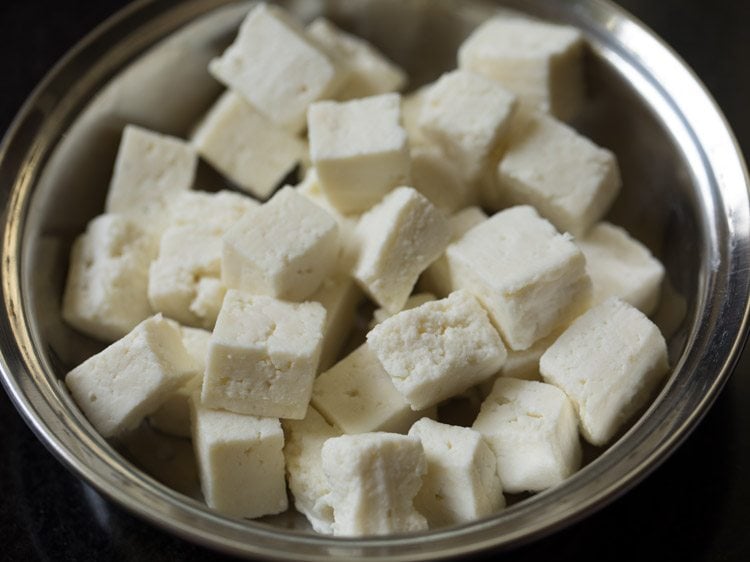 chopped paneer in a bowl for making paneer koliwada. 