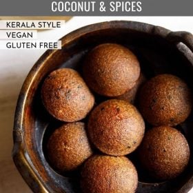 unniyappam served in a wooden bowl with text layovers.