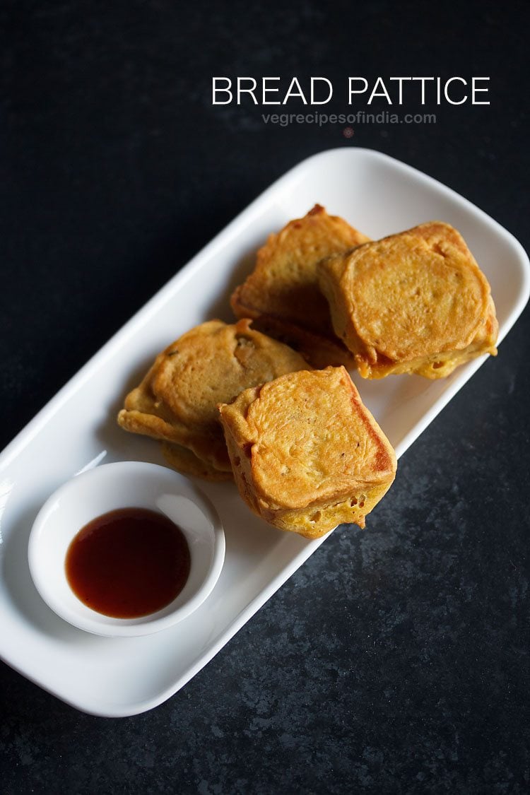 potato bread pattice served on a white platter with a small bowl of sweet date-tamarind chutney kept on the left side and text layovers.