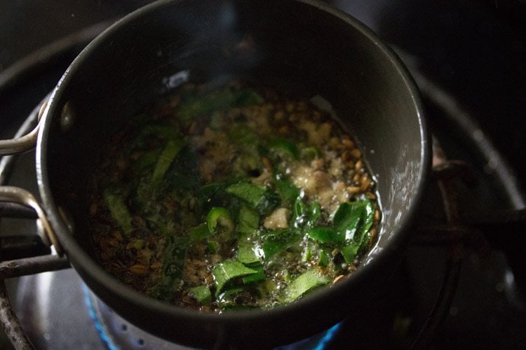 finely chopped ginger, finely chopped green chili and chopped curry leaves added to the spices. 