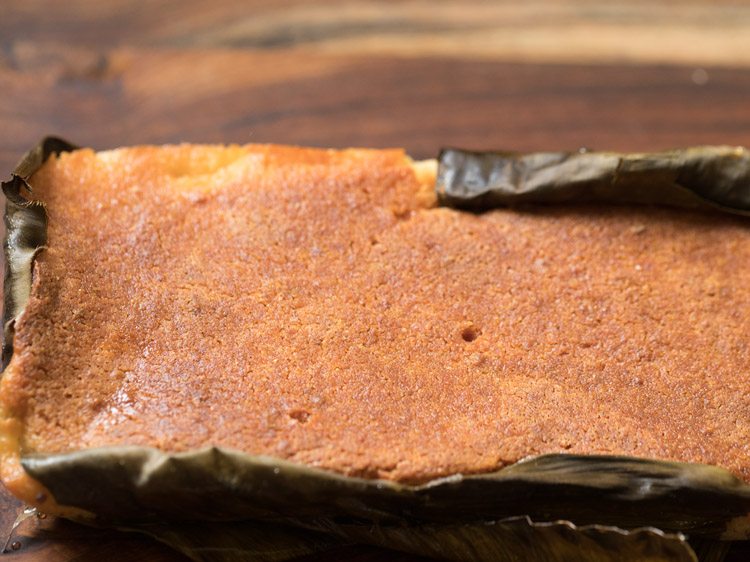 baked chhena poda demoulded from the pan. 