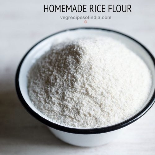 rice flour in a black rimmed white bowl with text layovers.