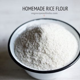 rice flour in a black rimmed bowl with text layovers.