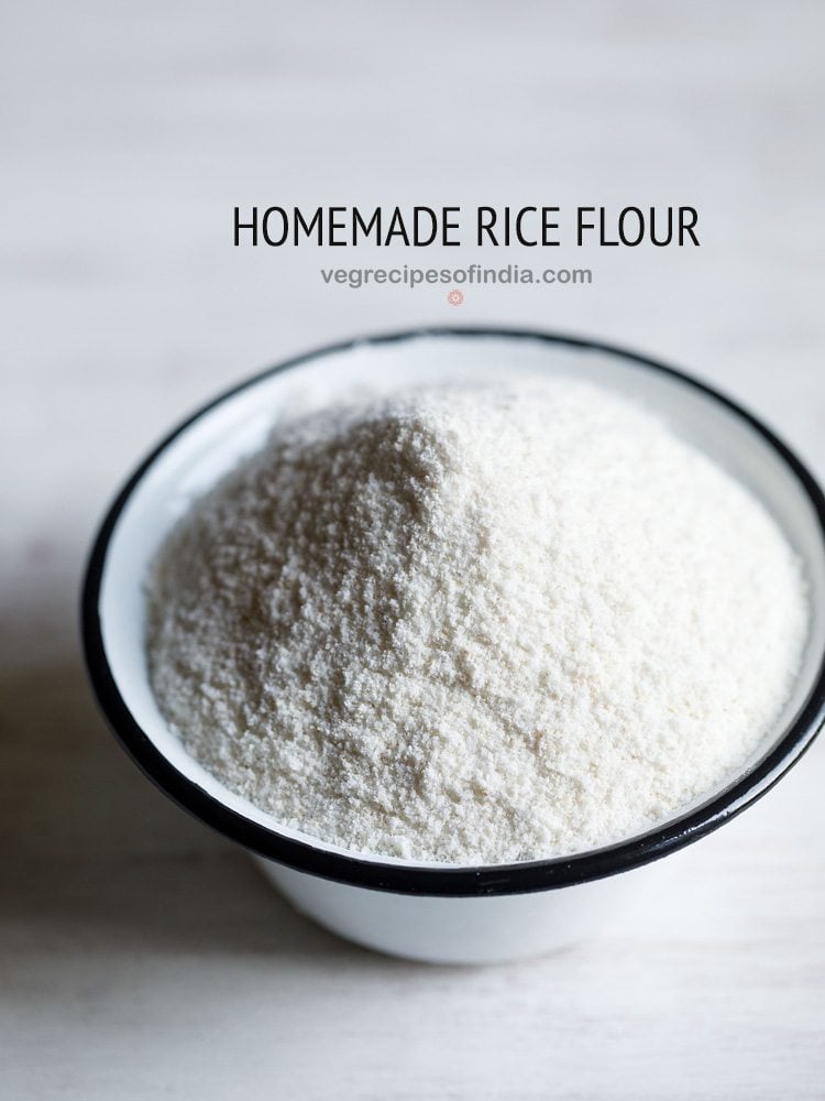 rice flour in a black rimmed bowl with text layovers.