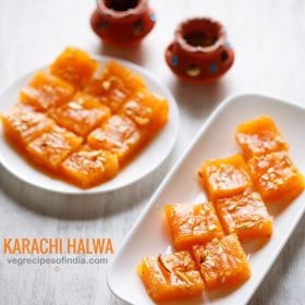 karachi halwa cut into squares and served on a round and rectangular white plate with text layovers.