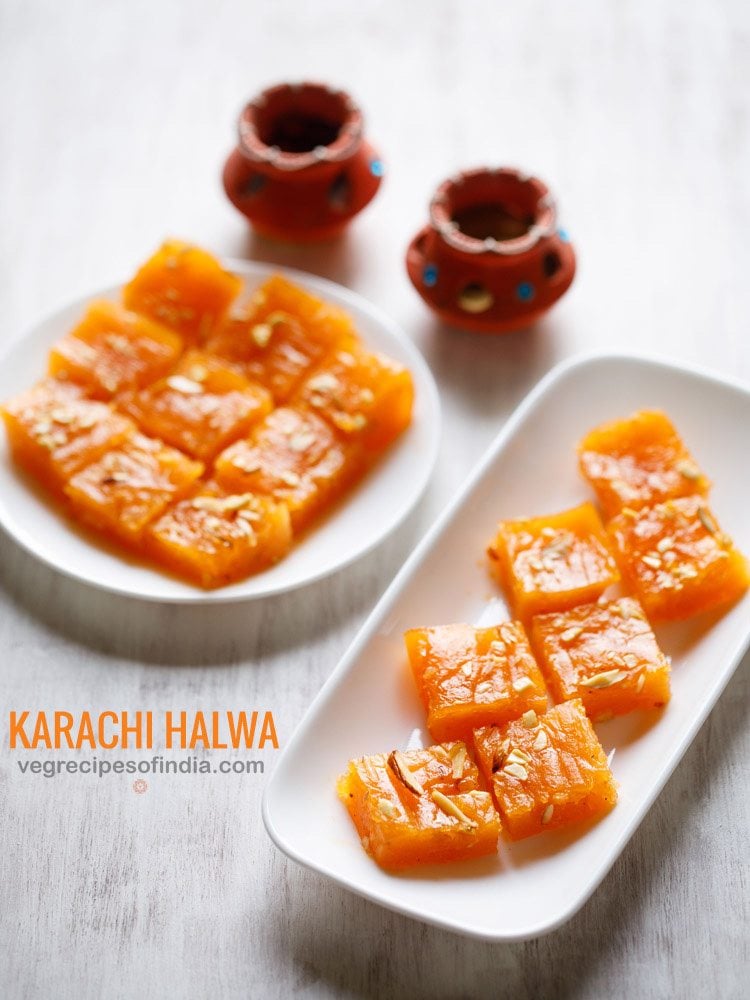 karachi halwa cut into squares and served on a round and rectangular white plate with text layovers.