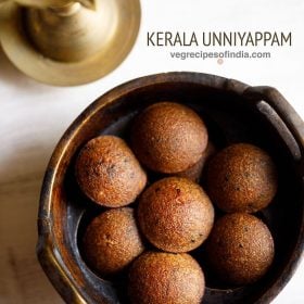 unniyappam served in a wooden bowl with text layovers.