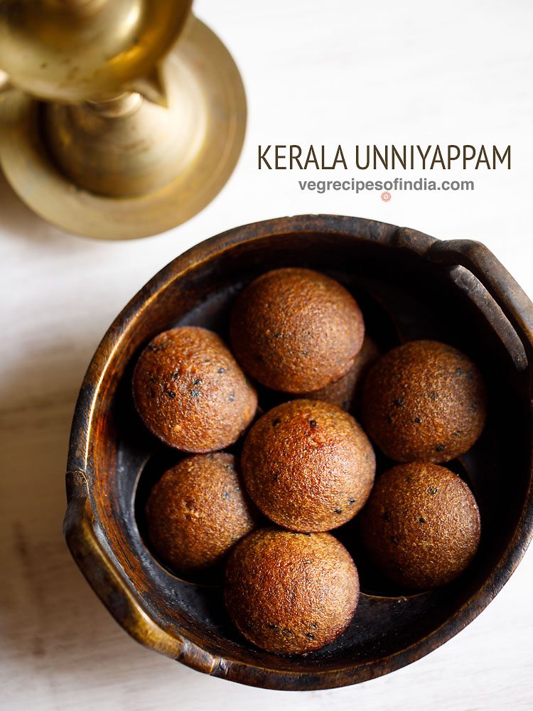 unniyappam served in a wooden bowl with text layovers.