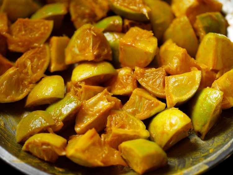 mixing the turmeric powder and salt with the chopped lemon pieces. 