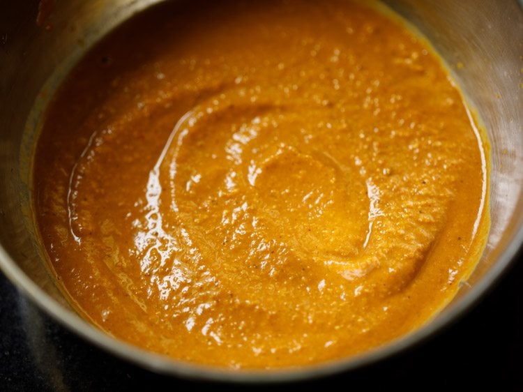 prepared spice paste in a bowl for paneer gassi recipe. 