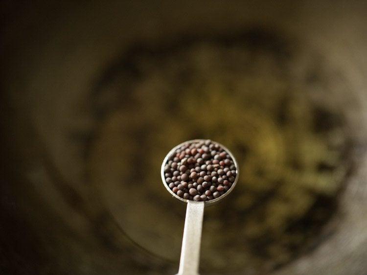 adding mustard seeds to hot oil in a heavy pan. 