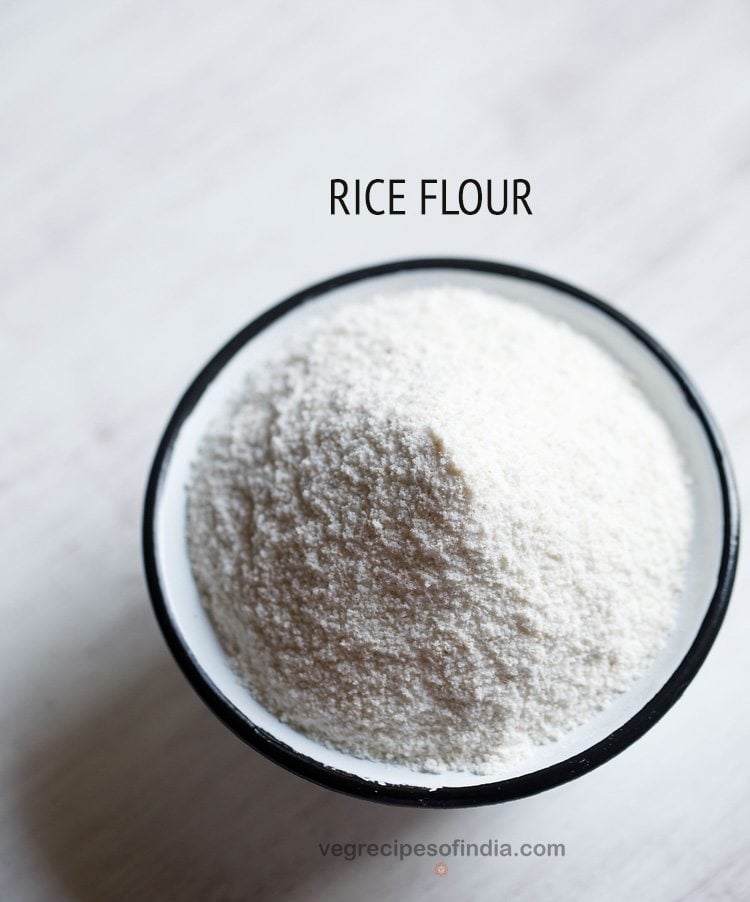 homemade rice flour in a black rimmed bowl with text layovers. 