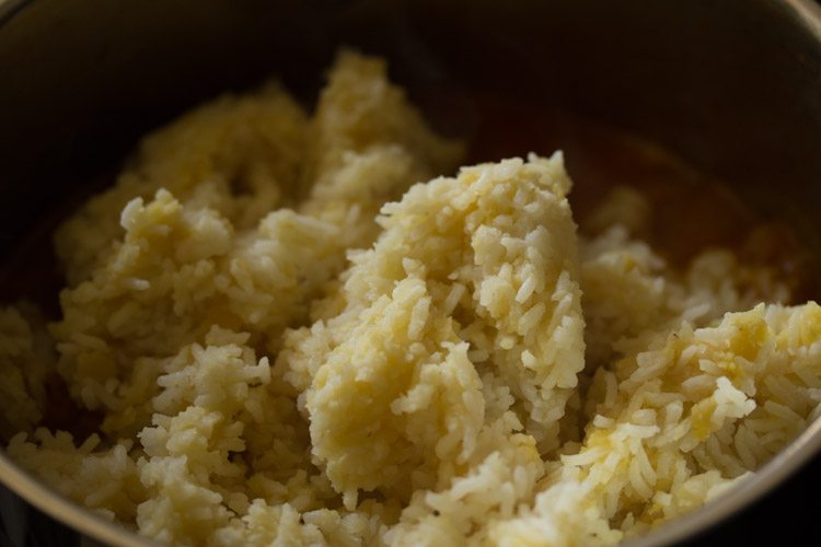 lightly mashed rice and dal added to the cooked sambar. 