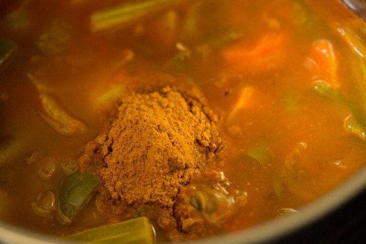 sambar powder added to the vegetables. 