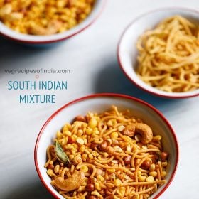 madras mixture served in a red-rimmed white ceramic bowl with text layovers.