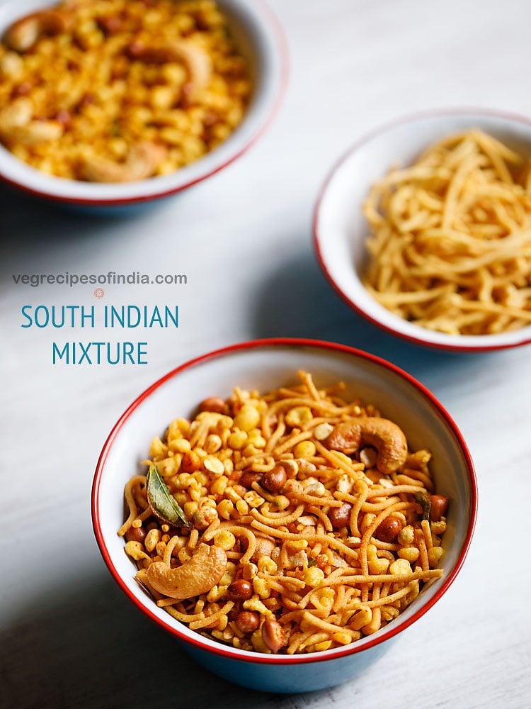 madras mixture served in a red-rimmed white ceramic bowl with text layovers.