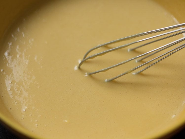 mixing ingredients with a wired whisk to make a slightly thin, lump-free batter. 
