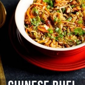 chinese bhel served in a red ceramic bowl placed on a red plate with text layovers.