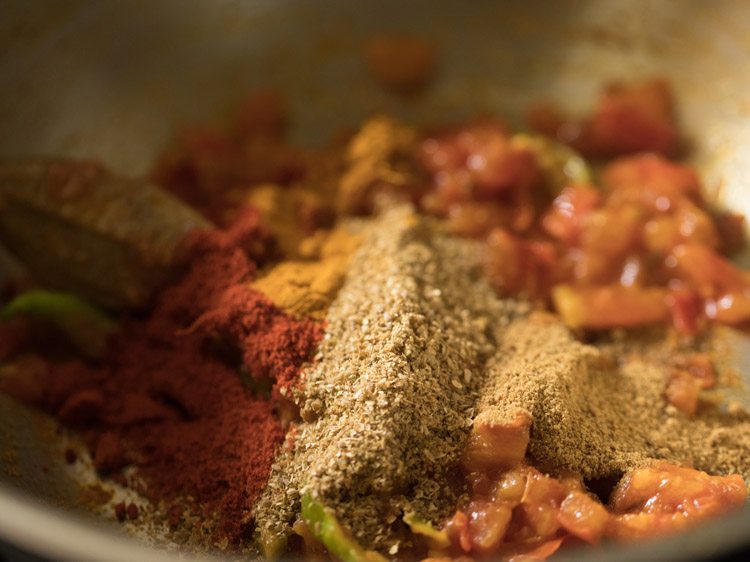 spice powders added to tomato mixture. 
