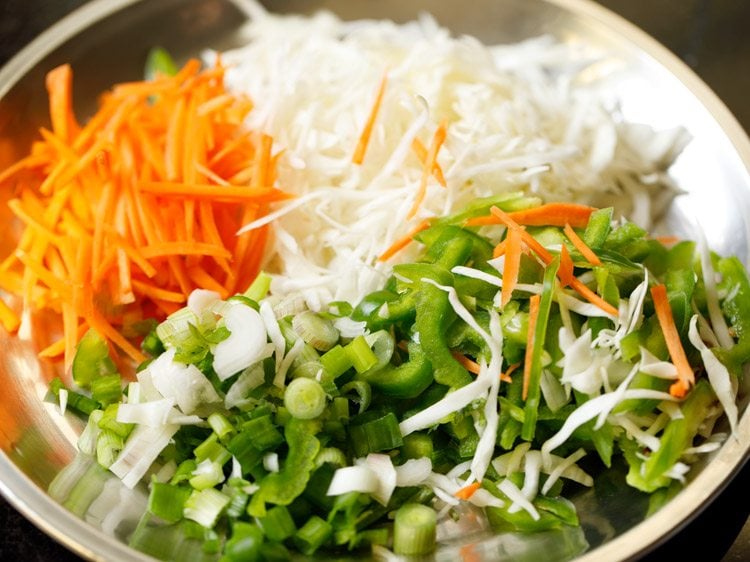 shredded vegetables for chinese bhel. 