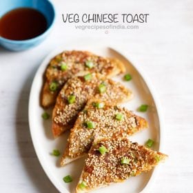 chinese toast served on a white platter with a small blue bowl of tomato ketchup kept on the top left side and text layover.
