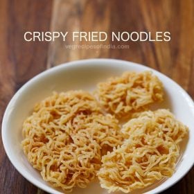 fried noodles served on a white plate with text layover.