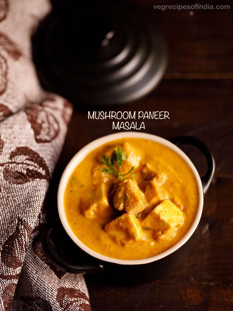 mushroom paneer garnished with a coriander leaf and served in a white bowl with text layover.