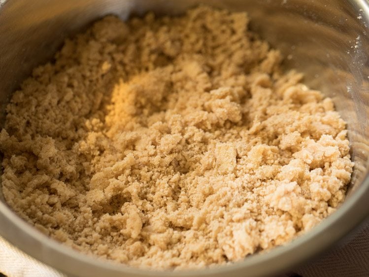 butter cut and mixed with flour to a bread crumb like texture for making oatmeal cookies. 