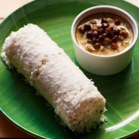 puttu served on a green colored plate with a bowl of black chickpea curry kept on the side and text layovers.